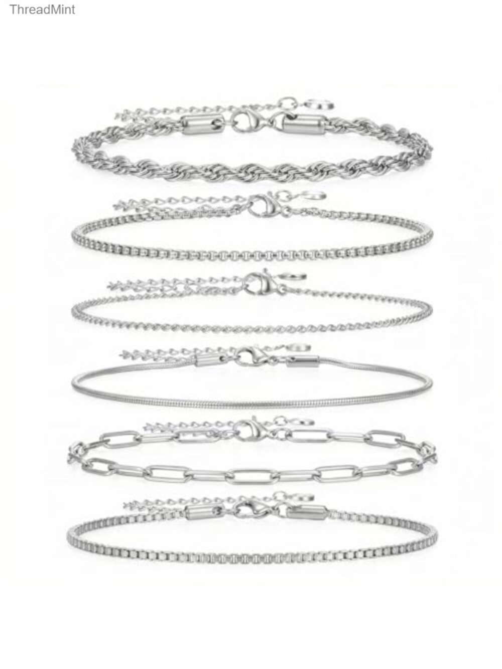 6pcs Stainless Steel Chain Bracelets Set Cuban Rope Box Paperclip Wheat Link